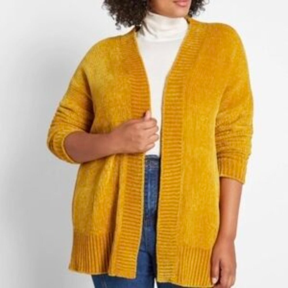 Modcloth Mustard Velvet Chenille Oversized Chunky Soft Librarian Boho Cardigan S
